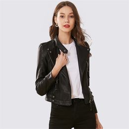 Women Black Leather Jacket Spring Autumn Slim Long Sleeved Zipper Biker Pu Coats Ladies Moto Jackets Korean Clothes 210525