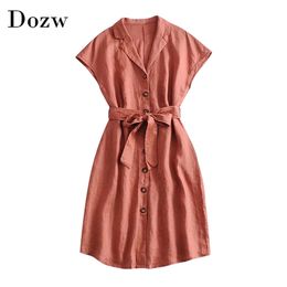 Summer Women Sleeveless Pink Mini Dress Turn Down Collar Casual Button Shirt Office Ladies Sashes es 210515