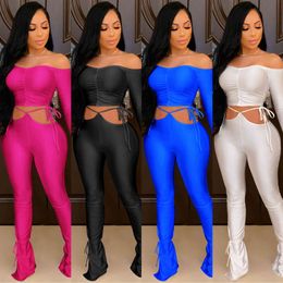 Solid Colour Women 2 Piece Set Summer Strapless Crop Top Lace Up Ruched Beam Feet Pant Suit Stacked Trousers Ladies Outfits 210517