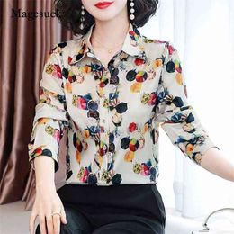 Office Lady Long-Sleeve Floral Button Cardigan Women Blouse Printed Satin Silk Tops for Plus Size Ladies Shirt 10723 210518