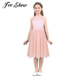 Feeshow 4-16 Girls Dress Lace Chiffon Flower Girl Dress Princess Pageant Wedding Bridesmaid Birthday Party Dress Kid Clothes Q0716