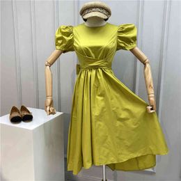 Fashion Puff Sleeve Fresh Colour Summer Party Women Runway Elegant O-Neck Irregular Slim Waist Lace-up Belted Midi Dress 210416