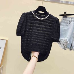 Summer Women's Bubble Sleeve Beading O Neck T-Shirt Ladies Casual Pullover Tee Tops A3269 210428