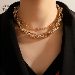 Tocona Punk Thick Chain Neckalce for Women Hollow Geoemtric Gold Color Alloy Metal Clavicle Neck Bohemian Jewelry Collar 17183