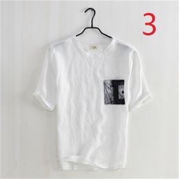 pocket printed linen short-sleeved t-shirt men's summer loose casual shirt small fresh cotton and half sleeve men 210420