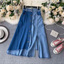 Korobov Korean A-Line Hit Colour Patchwork Women Skirts Streetwear Pockets Denim Skirt Summer New Chic Faldas Mujer 210430