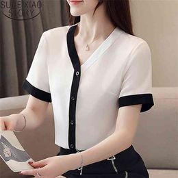 Korean Fashion Clothing Summer V Neck Women Tops Casual Short Sleeve Solid Shirt for White Chiffon Cardigan Blouse 9567 210506