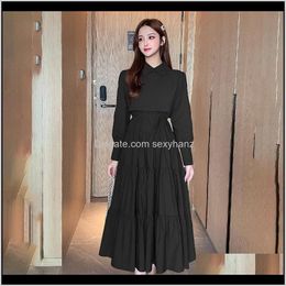 Dresses Womens Clothing Apparel Drop Delivery 2021 Korean Midi Vintage Black Casual Autumn Winter Long Sleeve Chic Ruched Aline Dress Women S