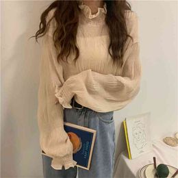 Women's Spring Autumn Tops Korean Long-sleeved Thin Net Gauze Bottoming Chiffon Blouse Solid Colour Inner Lace LL365 210506