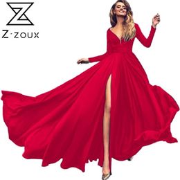 Women Dress Deep V Neck Split Maxi es Long Sleeve Large Hem Party es Temperament Sexy Summer 210513