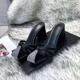 Women's sandals latest summer authentic leather high heels striped ladies Black casual wear thick heel outdoor shopping letter slippers box rhines