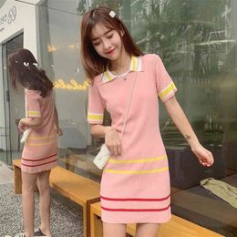 summer slim temperament Korean style knitted lapel pink dress female Knee-Length Office Lady Sleeveless 210416