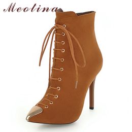 Ankle Boots Women Shoes Metal Decoration Super High Heel Short Pointed Toe Thin Heels Zip Lace Up Ladies 40 210517