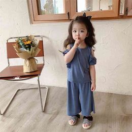 Gooporson Summer Fashion Korean Kids Clothes Girls Off The Shoulder Top&wide Leg Pants Little Children Clothing Set Girl Outfits 210715