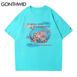 Tees Shirts Casual Harajuku Men Summer Rabbit Bear Short Sleeve T-Shirts Streetwear Hip Hop Cotton Tops 210602