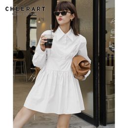 2 Piece Button Up Collar Shirt Dress Fall Women White Beige Long Sleeve Mini Cute Korean Fashion Clothing 210427