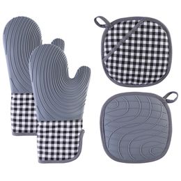 Silicone Oven Mitts and Pot Holders Sets with Quilted Liner Heat Resistant Kitchen Gloves for Cooking Baking Grilling W0178