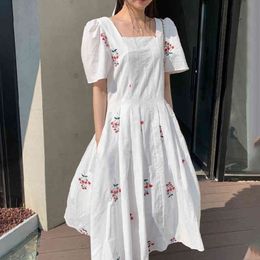 Summer Korean Chic Fashion Square Collar Flower Embroidery High Waist Pleated Puff Sleeve Long Dress Women 16W1057 210510