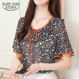 womens tops and blouses blusas mujer de moda Small Floral Chiffon Shirt Top Lace Shirt Women's Round Collar Bow 3432 50 210528