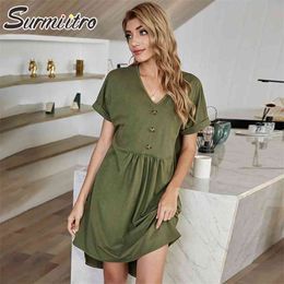 Knee Length Women Midi Summer Dress Fahion Loose V-Neck Short Sleeve Green Sundress Female Home Clothes 210421