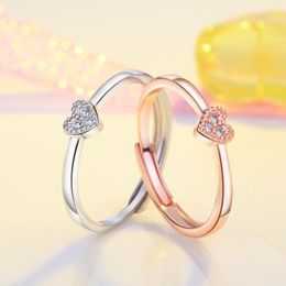 Diamante coração forma anel banda dedo rosa ouro ajustável aberto anéis de noivado de prata para mulheres jóias de moda