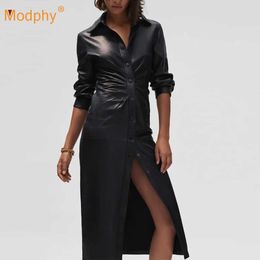 Sexy Lapel Long Sleeve Single Breasted Pleated Black Pu Leather Midi A-Line Dress Winter Club Party Vestidos 210527