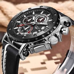 LIGE Fashion Mens Watches Top Brand Luxury Big Dial Military Quartz Watch Men Leather Waterproof Sport Chronograph+Box 210527
