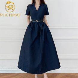 Fashion Women Summer Vintage Party Long Dress V-Neck Short Sleeve Jacquard Solid Dresses Vestdios With Belt 210506