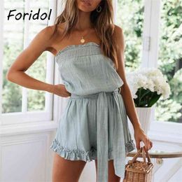 Foridol Off The Shoulder White Playsuit Romper Women Backless Boho Beach Summer Playsuit Romper Short Jumpsuit Clothing 210415