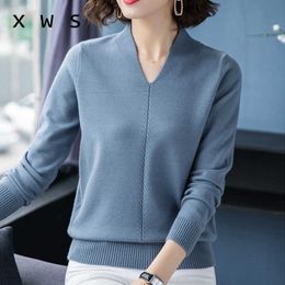 chic casual Autumn Winter Basic v-neck Sweater pullovers Women loose Knit Pullover female Long Sleeve Khaki Sweater 210604