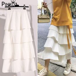 summer spring maxi skirt women white layers pleated soft girl black gothic long vintage chic falda saia jupe femme 210421