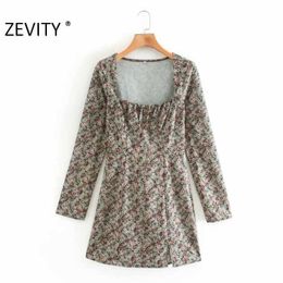 Zevity Women Vintage Square Collar Pleats Long Sleeve Mini Dress Office Ladies Chic Floral Print Hem Split Vestido DS4588 210603