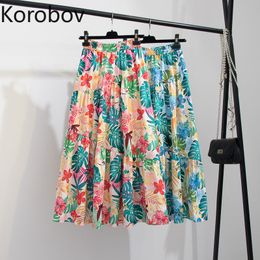 Korobov Women Mini Skirts Korean Boho Print A-Line Skirt Vintage High Waist Elegant Skirts New Summer Faldas Mujer 210430