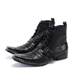 Black 9950 Winter Shoes Genuine Leather Men Ankle Pointed Toe Lace Up Short Fashion Motorcycle Boots
