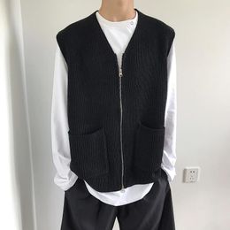 Men's Vests Korean Style Simple And Advanced Sense Of Pure Color Zipper Design Cardigan Vest Retro Harajuku Knitted Sweater