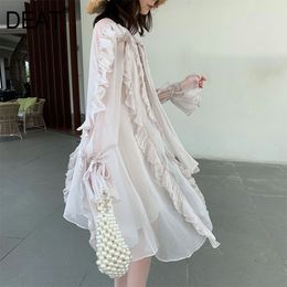 Women Apricot Flounced Edge High Waist Bow Long Dress Collar Flying Sleeve Fashion Spring Summer 2F0299 210421