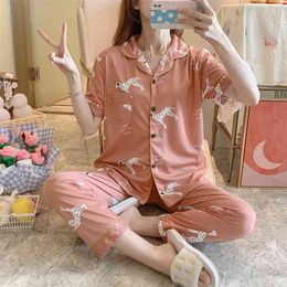 New Sale Women Home Wear Spring Summer Short Sleeved Women Pajamas Set Long Pant Pyjamas Sets Cotton Leisure Sleepwear Set 210330