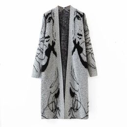 Fashion Women Sweater Loose Abstract Beauty Pattern Lady Mid Length Knitted Cardigan 210521