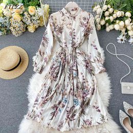 Vacation Dress Arrival Spring Long Sleeve Flower Print Pleated Elegant Women For Holiday 210423