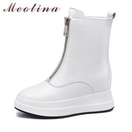 Winter Ankle Boots Women Natural Genuine Leather Flat Platform Short Zipper Round Toe Shoes Lady Autumn Size 34-39 210517
