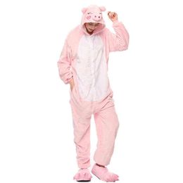 Animal Kigurumis Onesies Sleepwear for Adult Cartoon Pink Pig Women Pajama Winter Homewear Jumpsuit Pajama Suit Woman Rompers 211109