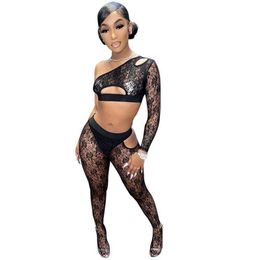 Black Lace Sexy Two Piece Set Women Party Clubwear Festival Outfit See Though Crop Top and Leggings Set 2 Piece Matching Sets X0709