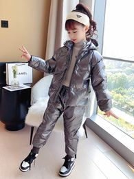 3-12 Years Old Glossy Kids Girls Clothes Sets 2pcs Hooded Outwear Jackets+Pants Warm Winter Suits 2021 New Children Snowsuit H0909