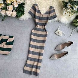 Spring Autumn Women's Dress Korean Striped V-neck Hong Kong Style Short Sleeve Thin Sexy Female Base es LL246 210506