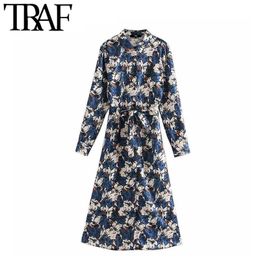 TRAF Women Elegant Fashion Floral Print Midi Shirt Dress Vintage Long Sleeve Bow Tie Sashes Female Dresses Vestidos 210415