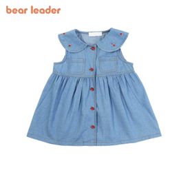 Bear Leader Girls Denim Summer Dresses Korean Fashion Kid Solid Colour Princess Vestidos Children Sleeveless Preppy Cute Clothing 210708