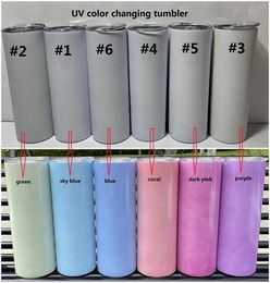 UV Colour Changing 20oz Sublimation Tumbler Sun Light Sensing Stainless Steel Straight Tumbler with Lid and Plastic Straws 825