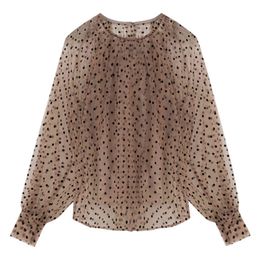 Women Khaki Polka Dot Mesh O Neck Lantern Sleeve Long Blouse Shirt Korean Version B0779 210514