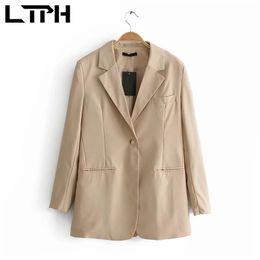 streetwear vintage khaki women blazer long sleeve Chic Thin Blazers Jackets casual all-match Lady Suit Coat Spring 210427