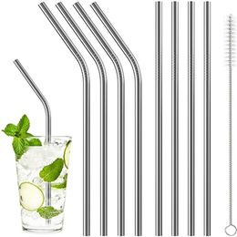 6*266mm Colourful Stainless Steel Straws Reusable Straight and Bent Drinking Straw Cleaning Brush for Home Kitchen Bar